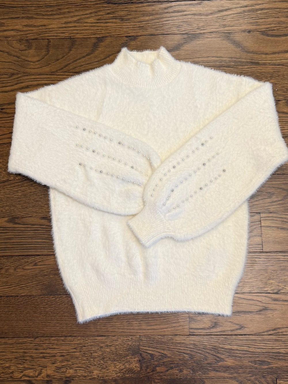 Philosophy Cream Fuzzy Mock Neck Sweater with Sleeve Studs